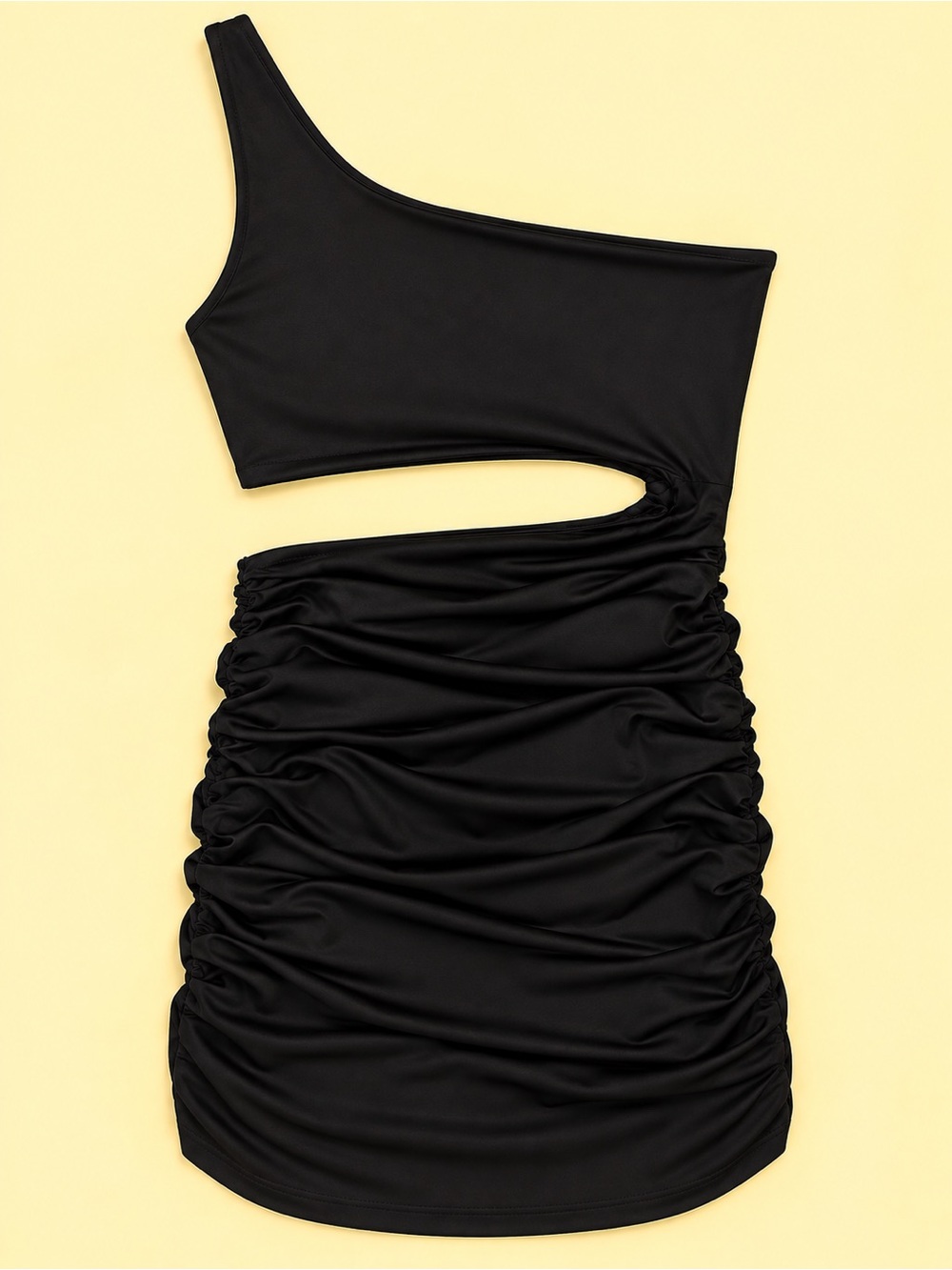 Sleek One-Shoulder Black Ruched Cutout Mini Dress